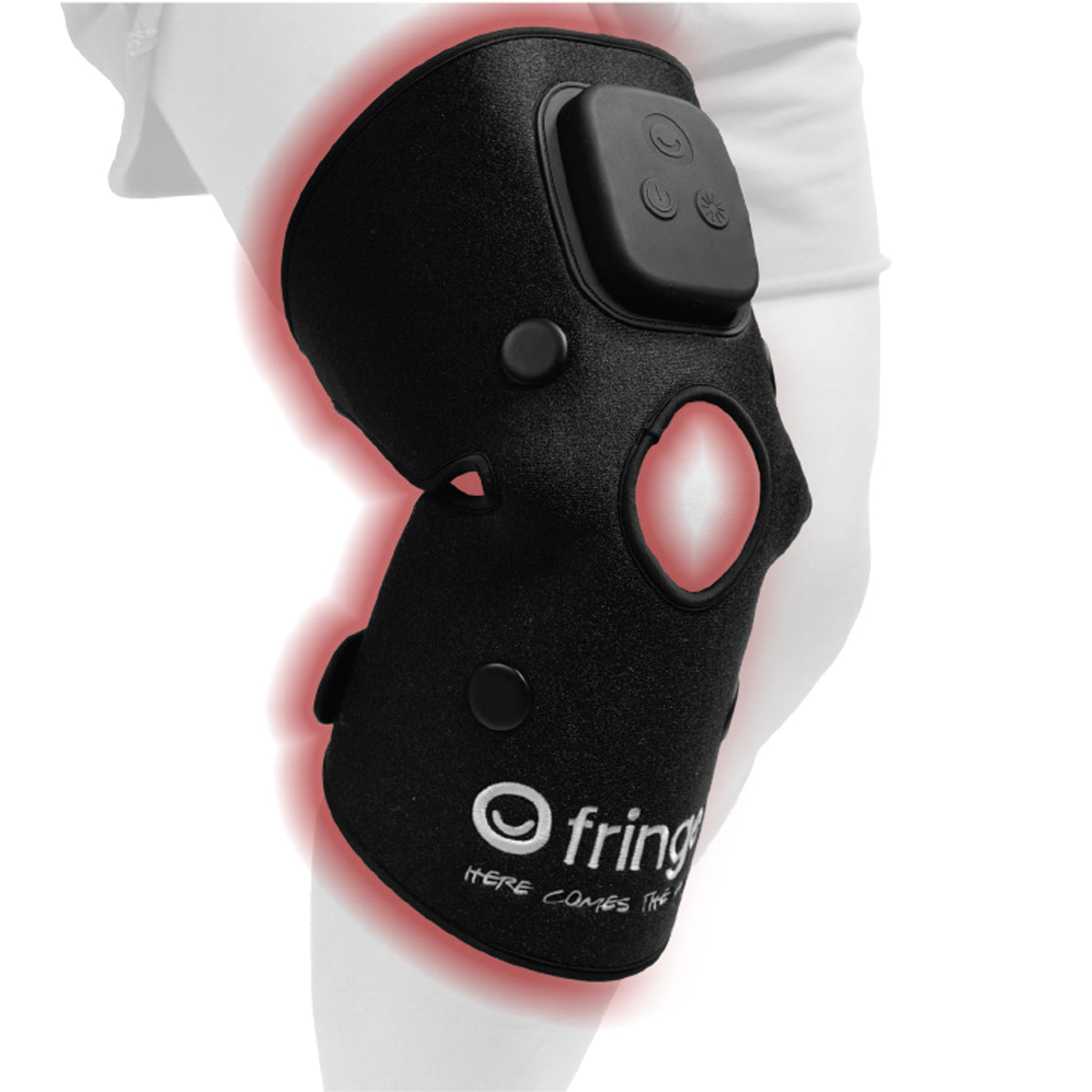 Fringe Heals joint wrap on a knee with its control panel and lit treatment areas