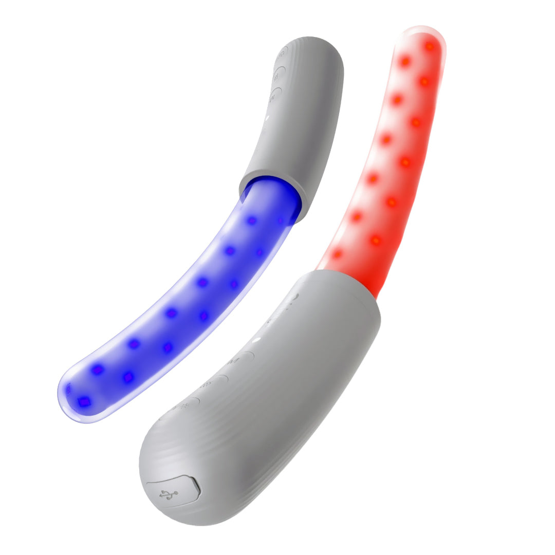The Fringe Pelvic Floor Wand features two LED light therapy wands, one emitting blue light and the other red light.