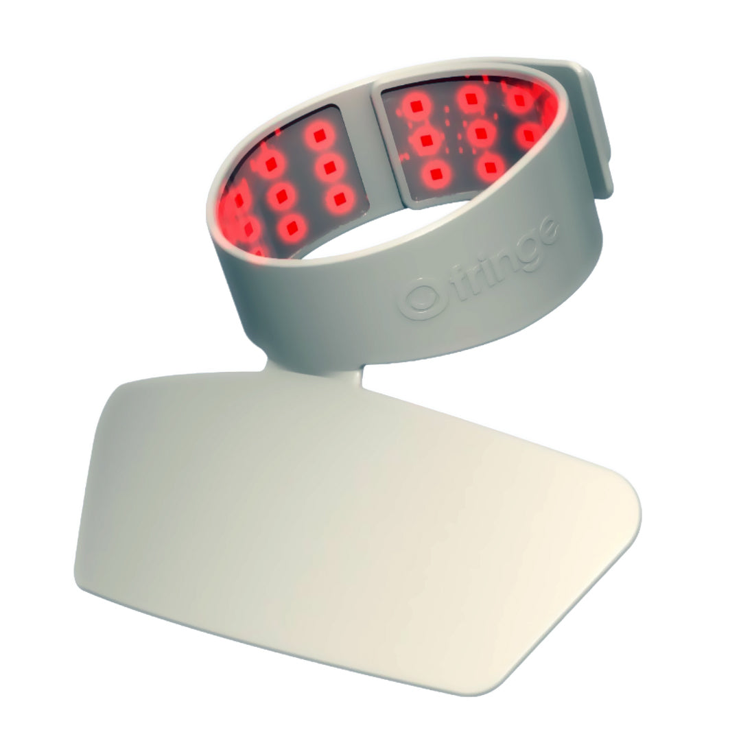 Fringe LED neck and chest mask with red light therapy.