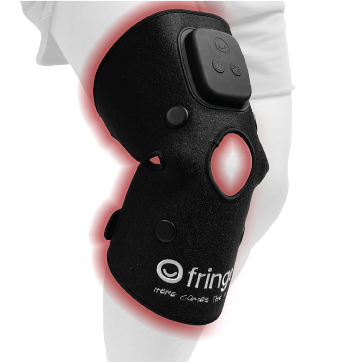 Fringe red light therapy wrap on a knee, showing the device's control panel and illuminated treatment areas.