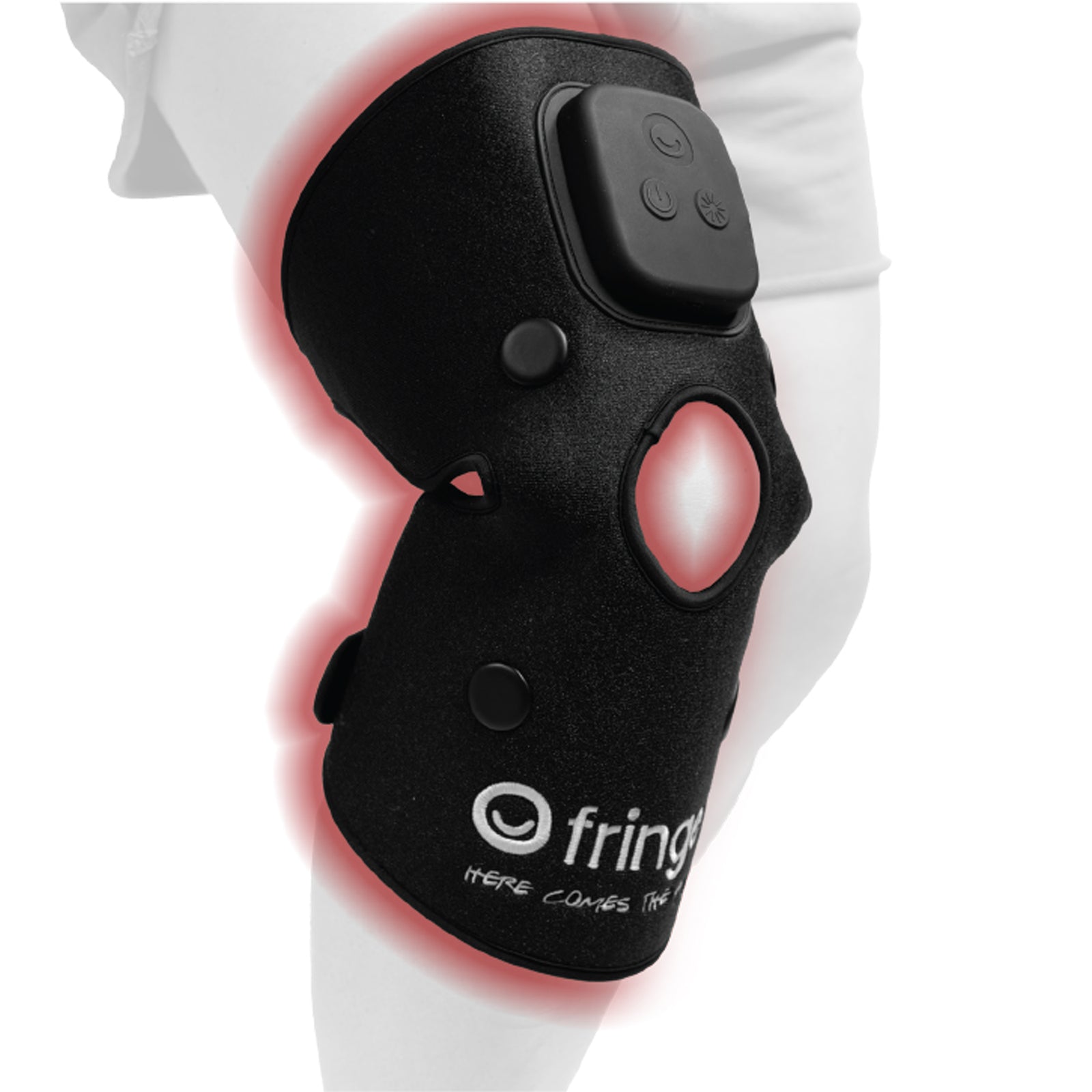 Fringe red light therapy wrap on a knee, showing the device's control panel and illuminated treatment areas.